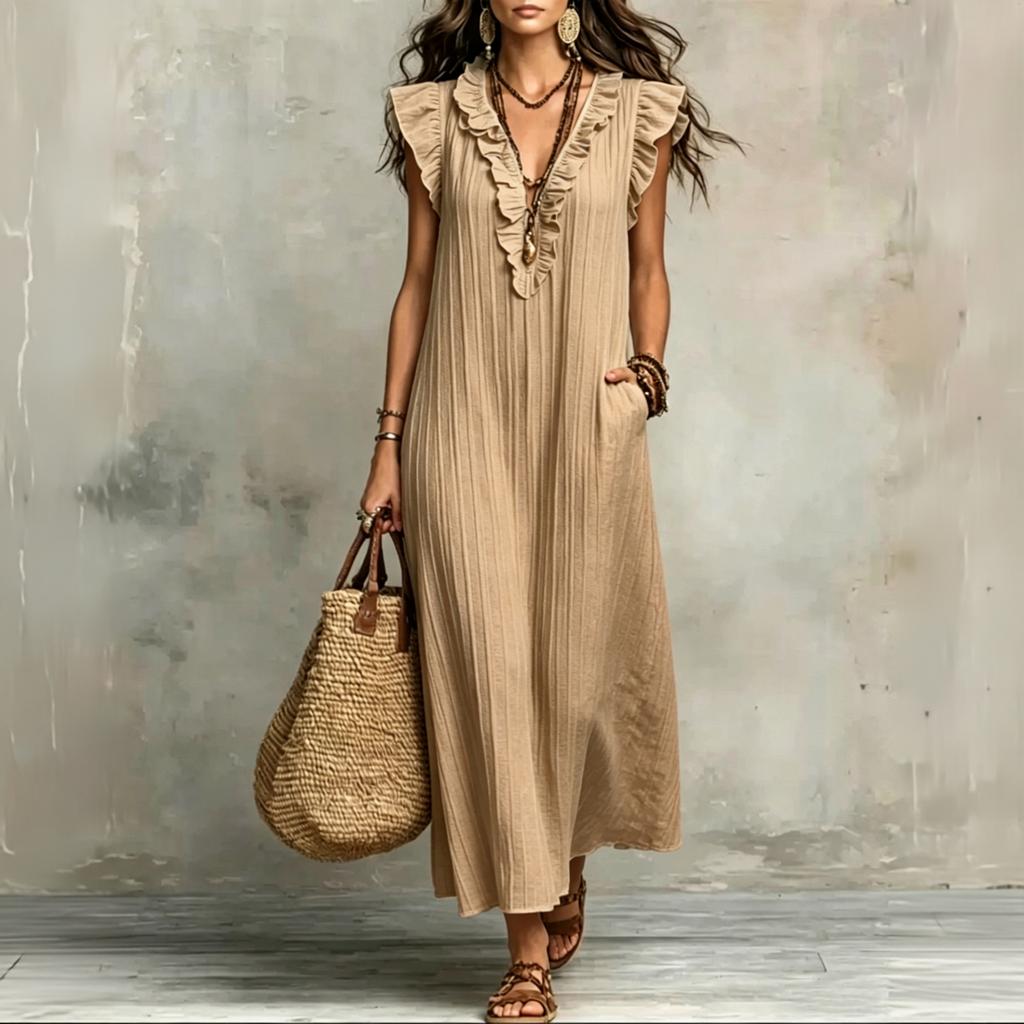 Dames Mouwloos Losvallend Maxi Jurk Boheemse Stijl V-hals Ruche Afwerking Casual Zomer Lange Jurk met Zakken