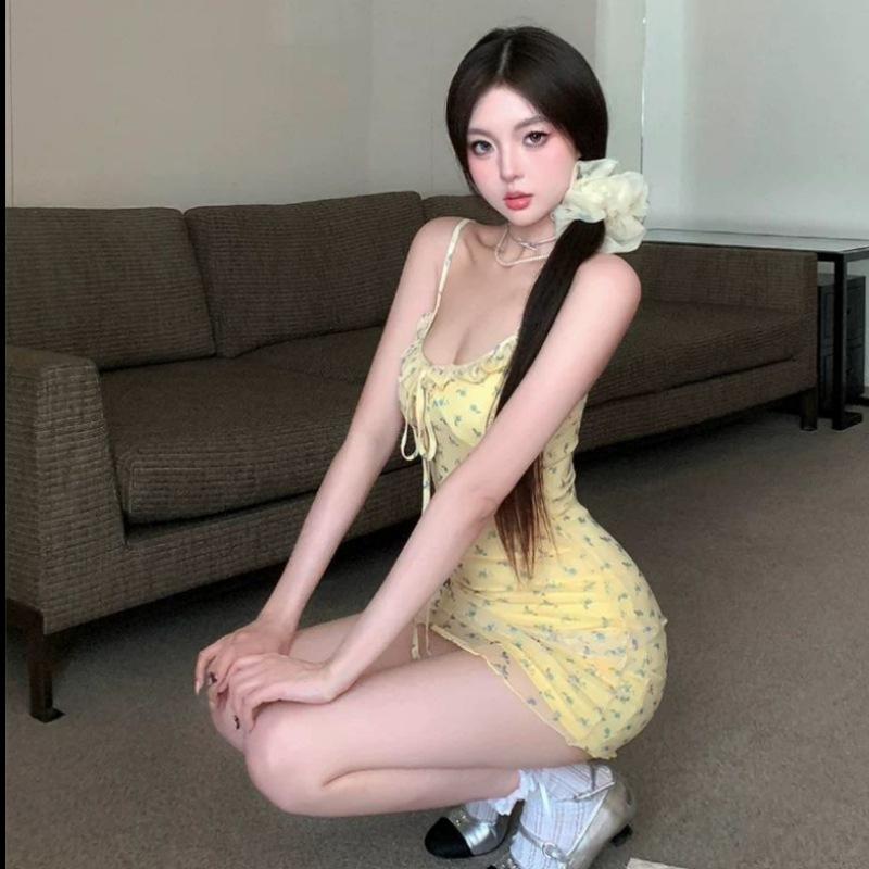 Lace-up Edge Yellow Floral Suspender Dress Children's Summer New Seaside Vacation Style Wear Hip Skirt Women's Clothing