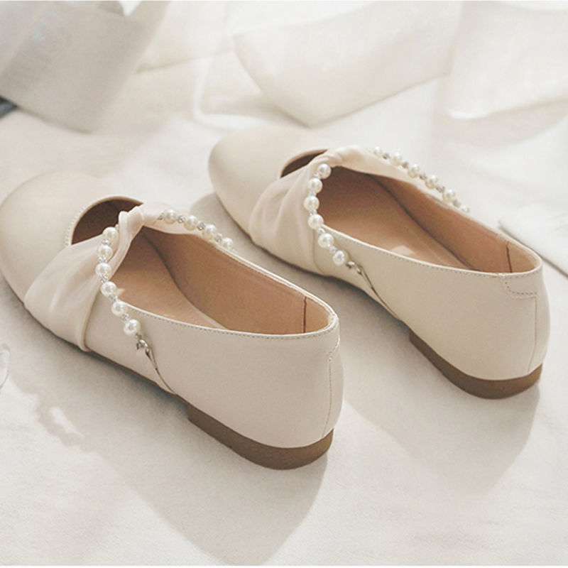 2025 summer single shoes women's flat bottom shallow mouth pearl with skirt Doudou shoes fairy one pedal gentle wind grandma shoes