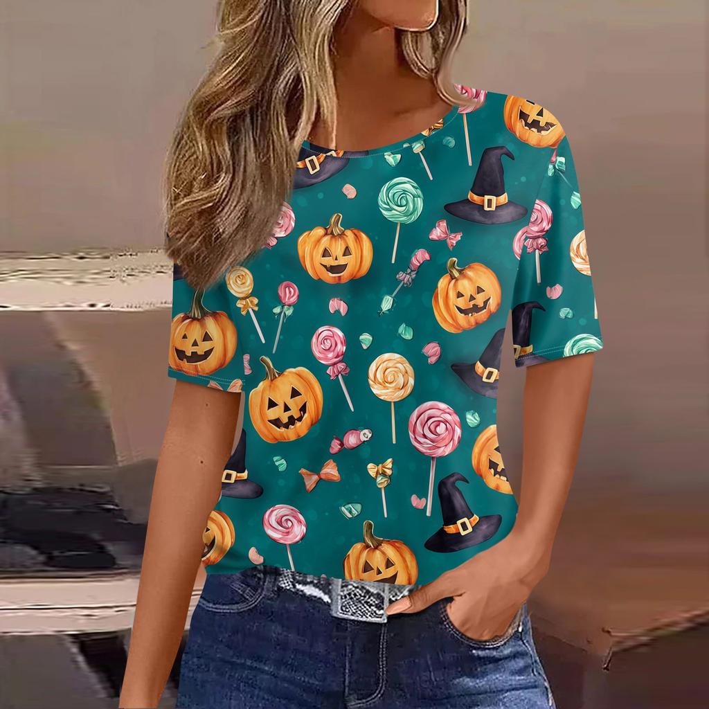 Women's Casual Short Sleeve Pullover Top Halloween Bat Pumpkin Print Round Neck Lightweight Shirt for Everyday Wear
