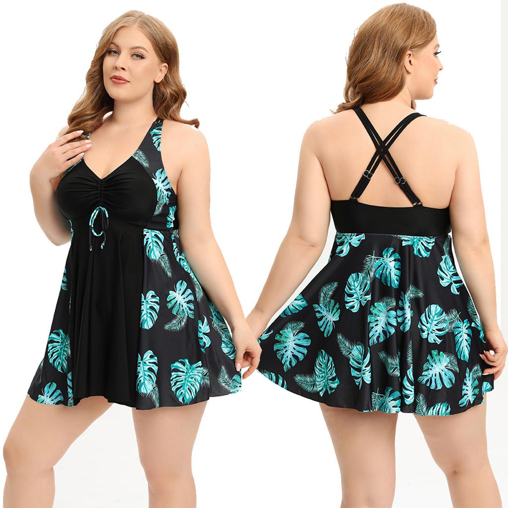Plus Size Women’s Printed Swim Dress Modest Bathing Suit Backless Swimwear Two-Piece Swimsuit