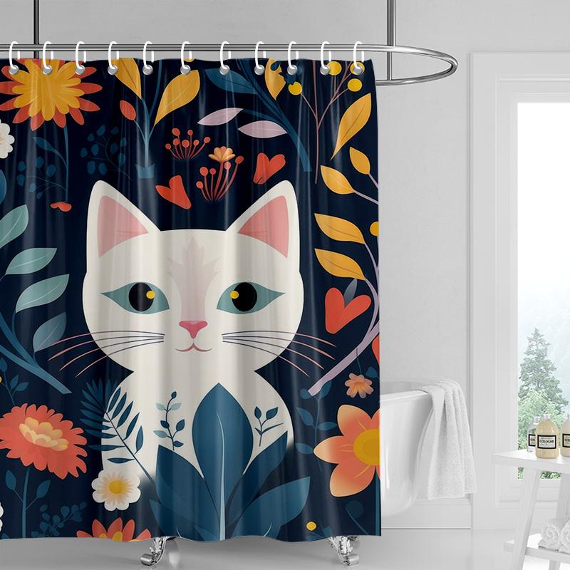 Abstract Art Cat Theme Shower Curtain 180x 200cm Waterproof Mildew-proof Bathroom Curtain Bathroom Ins Wind Decorative Curtain