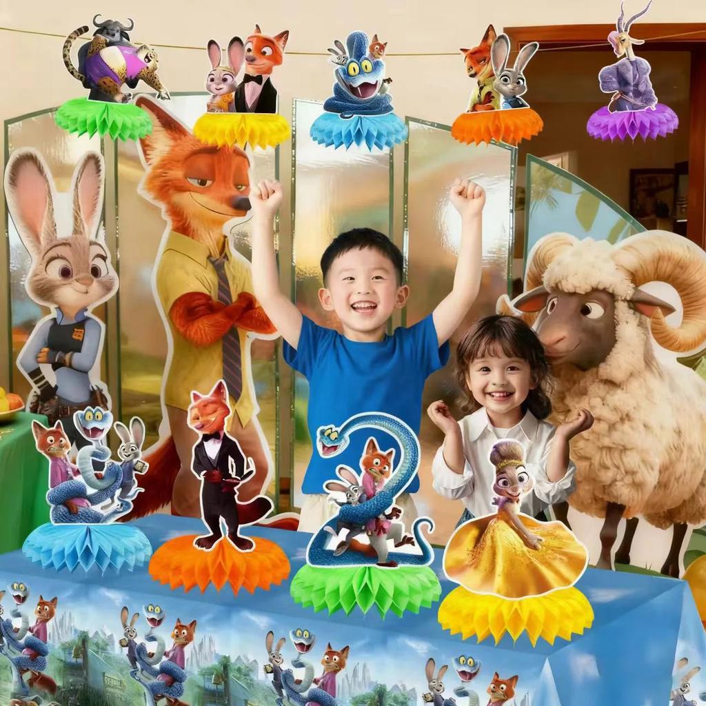 Zootopia 2 Fiesta de Cumpleaños Panal Judy Nick Tema Decoración de Escritorio Niños Dibujos Animados Adornos de Mesa Decoración Regalos para Baby Shower Suministros