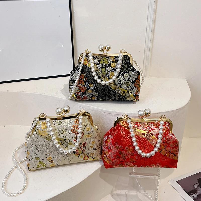 Kleine Umhängetaschen mit Stickerei im chinesischen Stil für Frauen 2024 Winter Luxushandtaschen Hochwertige Umhängetasche mit Perlen für den Abend