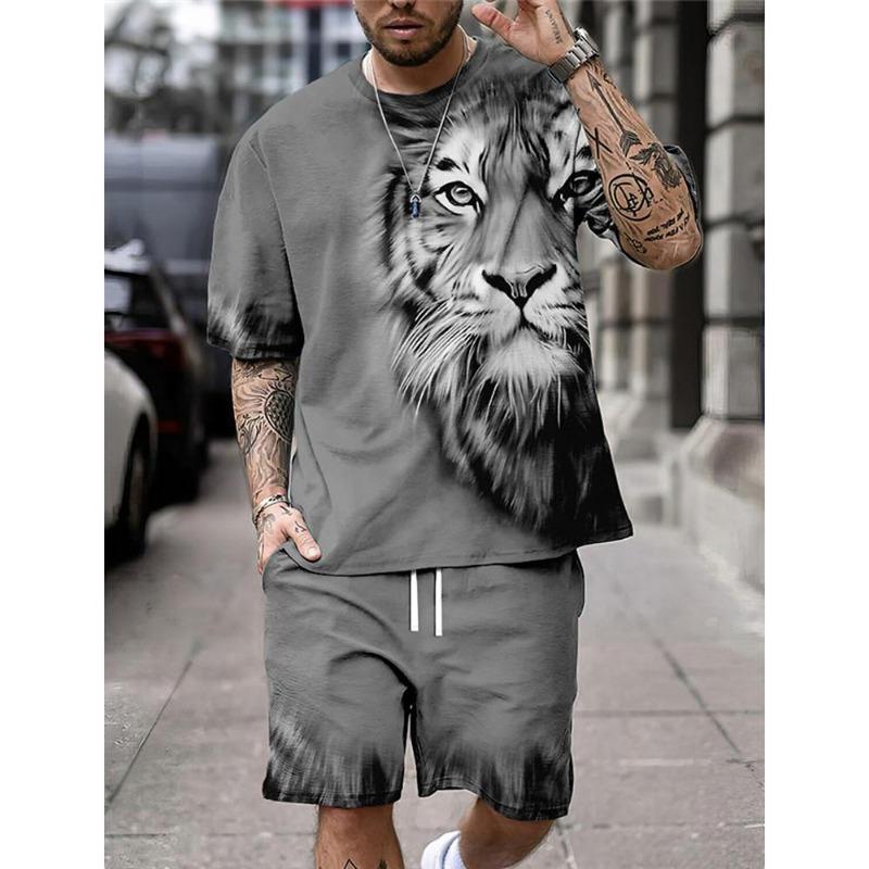Summer Fashion Casual Men's Suit 3D Printed Sportswear Short-sleeved Suit Oversized Round Neck T-shirt Shorts 2-piece