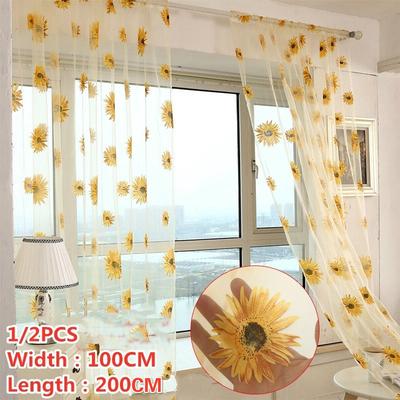 2PCS/1PCS Sunflower Window Panels Drapes Curtains Sheer Voile Tulle Home Room 100*200cm