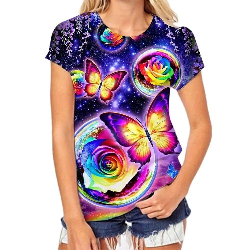 Colorful Butterfly Pattern 3D Digital Printing Women's Comfortable Round Neck Short Sleeved T-shirt