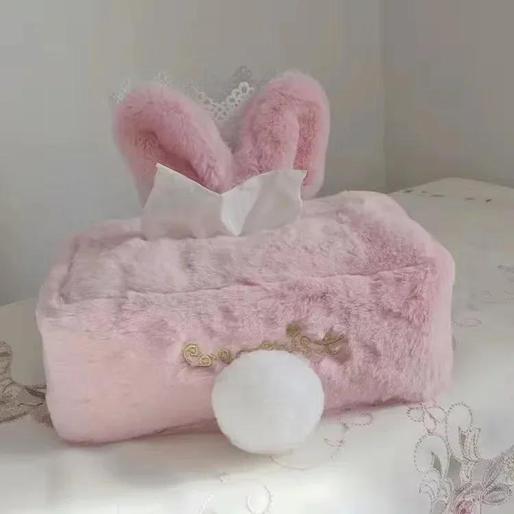 Kawaii Tissue Cover Cute Pink Plush Rabbit Tissues Storage Box Girls Gift Home Decoration Gift Toilet Paper Holder Napkin Case