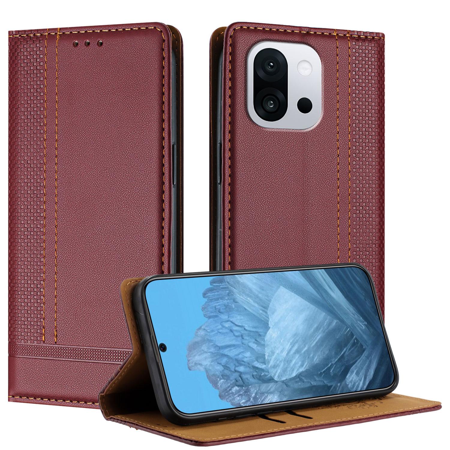 

For OnePlus 13T 5G Case L-Shaped Grid Pattern Leather Stand Phone Cover with Card Slots Wine Red