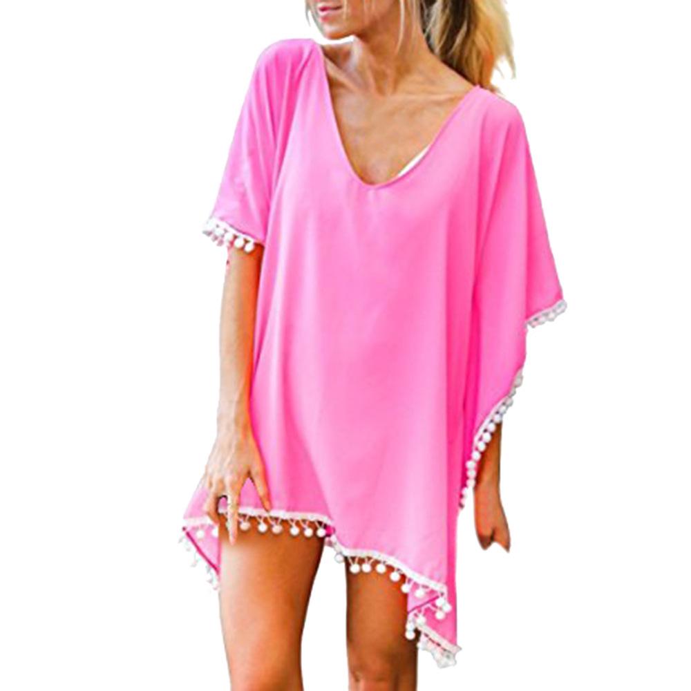 Chiffon Tassel Beach Cover-up: European & American Style with Fur Ball Accents