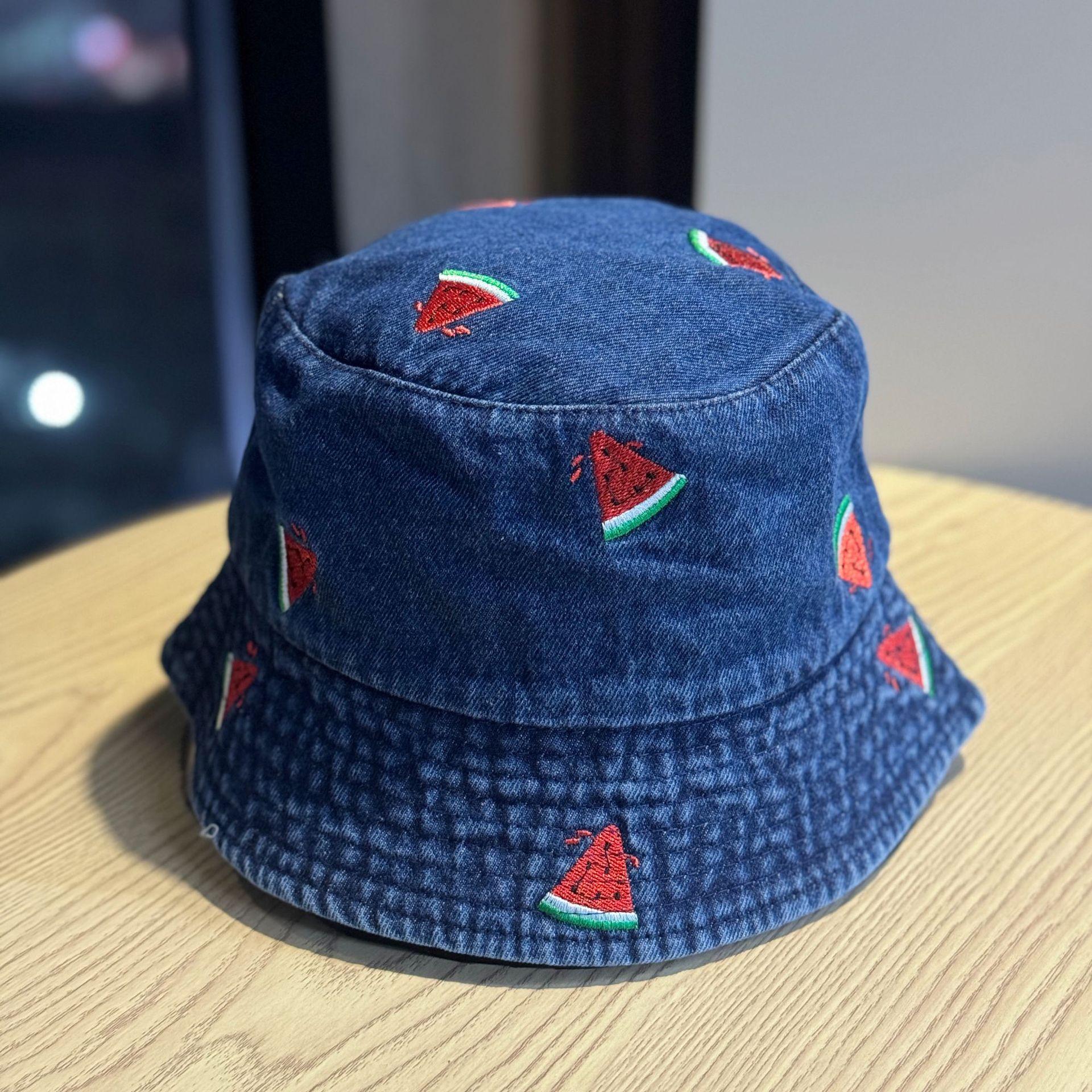 

Korean-style new watermelon embroidered denim bucket hat with wide brim for sun protection, fashionable and versatile, makes the face look smaller, Adult54-60Adjustable темно-синього кольору