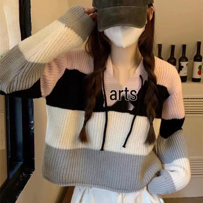 

2025 Autumn Hong Kong Style Color Block Lace-Up Striped Knitted Pullover Sweater for Women One Size розовый