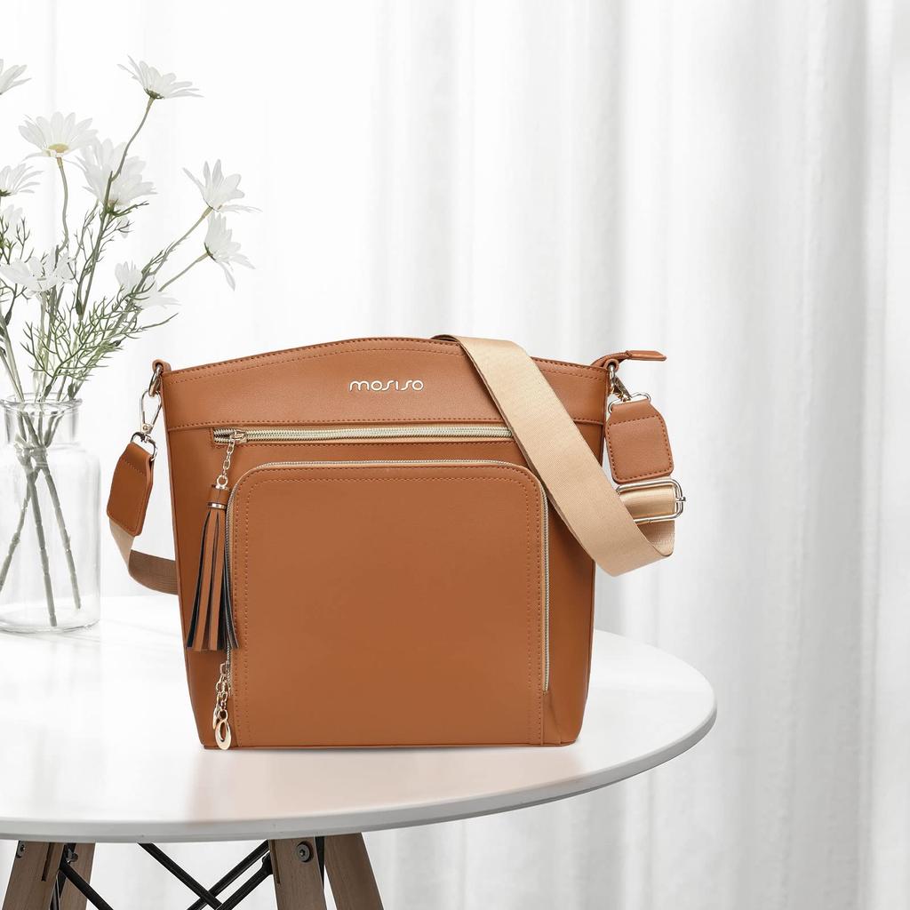 Women's Crossbody Bag Multi-pocket Handbag Shoulder Bag with Card Holder Wallet & Tassel (Brown)