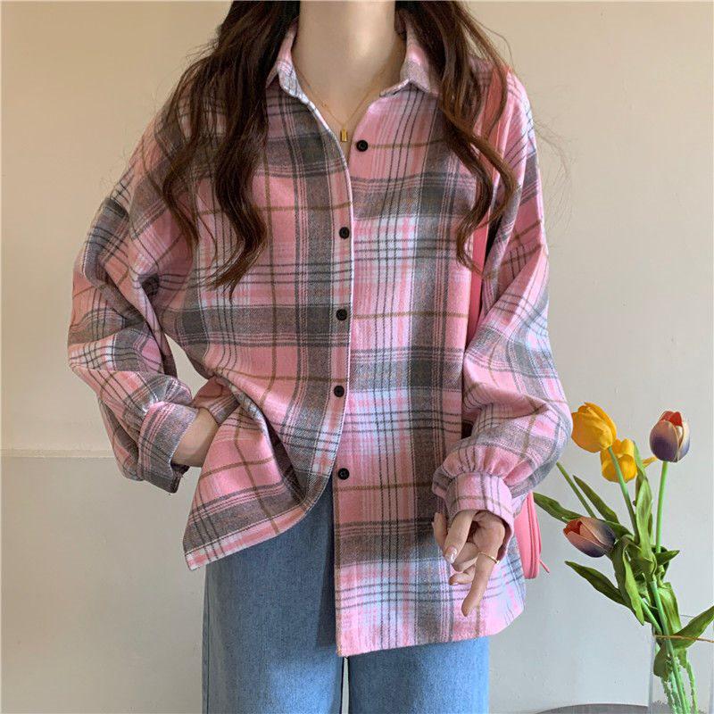 Damen Verdicktes Gebürstetes Karoshirt: Lockere Passform im koreanischen Stil, figurschmeichelnde Langarmbluse für Herbst und Frühling.