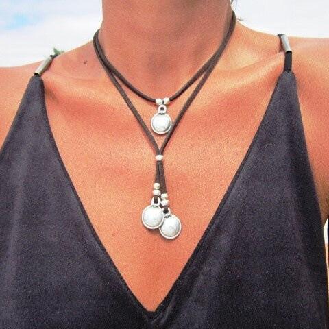 New Fashion Women Vintage Korean Velvet Double-layer Metal Pendants Necklace Women Boho Blue Stone Korean Velvet Choker Necklace