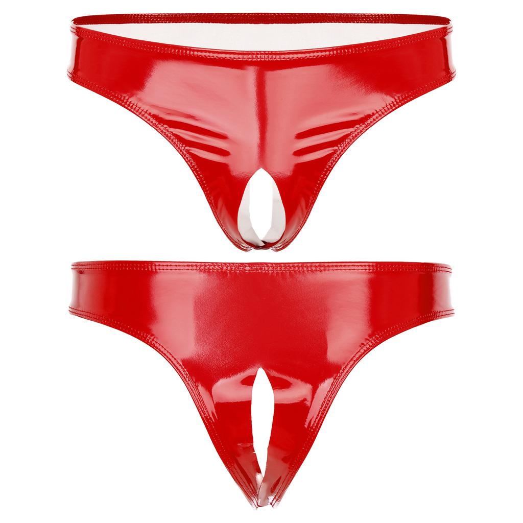 Mens Wet Look Patent Leather Crotchless Lingerie Bikini Briefs Underwear Panties