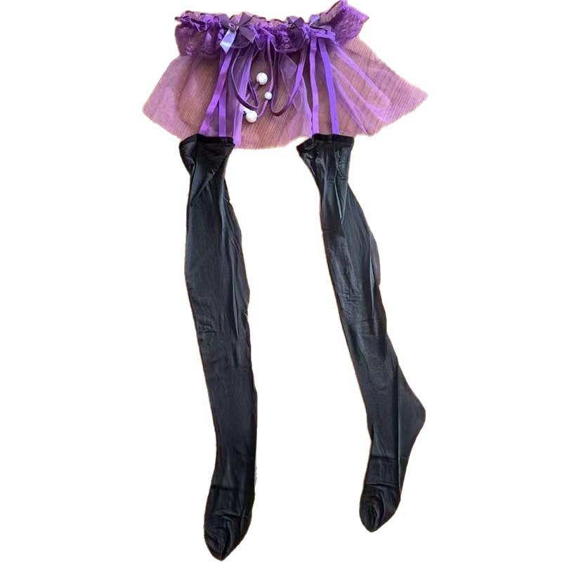 Sexy Women Tutu Skirt Garter Stockings Thin Pantyhose Oil Glossy Shiny Open Crotch Maid Tights With Pearl Chain Crotch