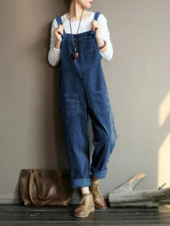Autumn/Winter Solid Color Casual Corduroy Long Overalls
