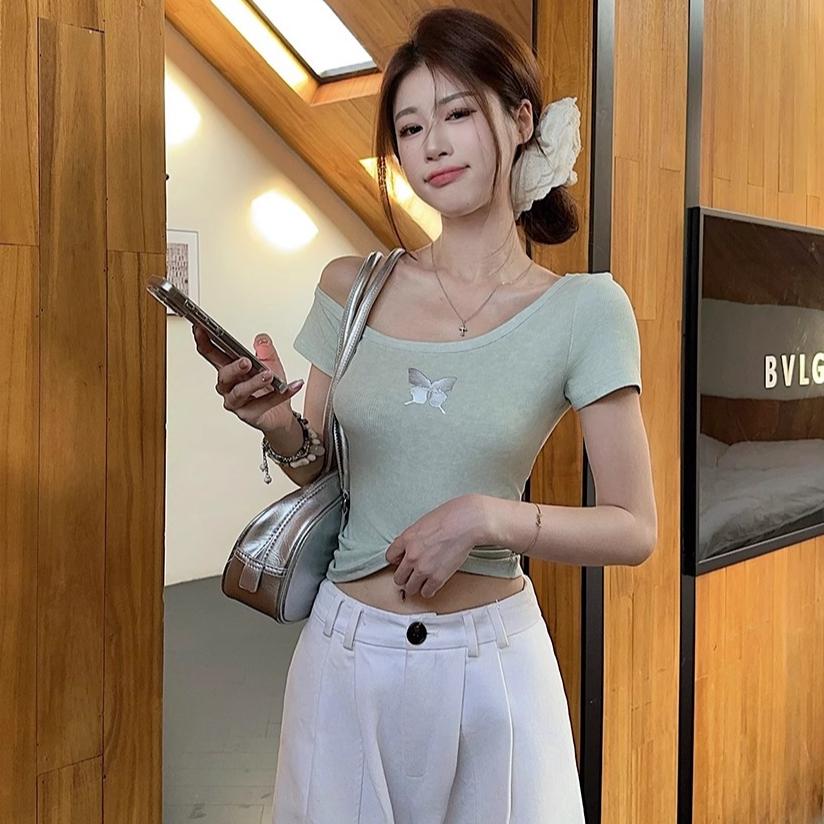 Harajuku Cotton Women T-shirts Summer Short Sleeve Slanted Collar Casual Sexy Butterfly Print Slim T Shirt Ladies Y2k Crop Tops Green Clothes