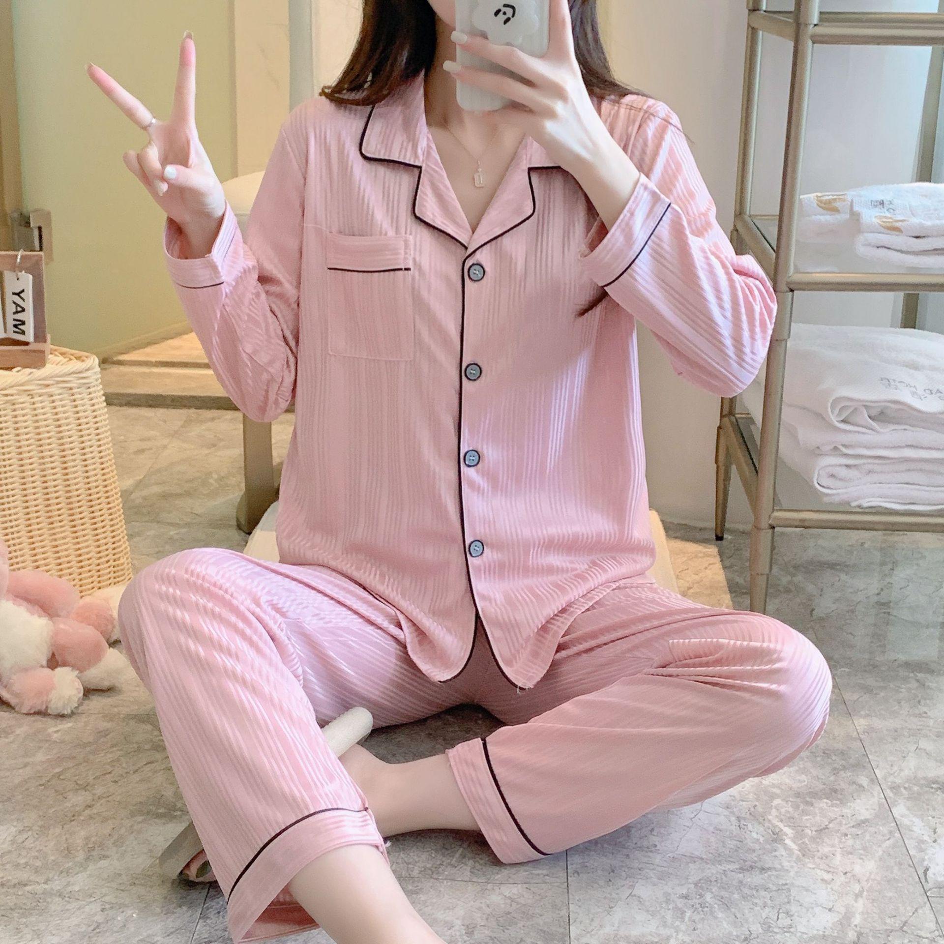 

Женский пижамный комплект с длинными рукавами в корейском стиле — молочный шелковый кардиган и брюки на весну и осень, доступны большие размеры.