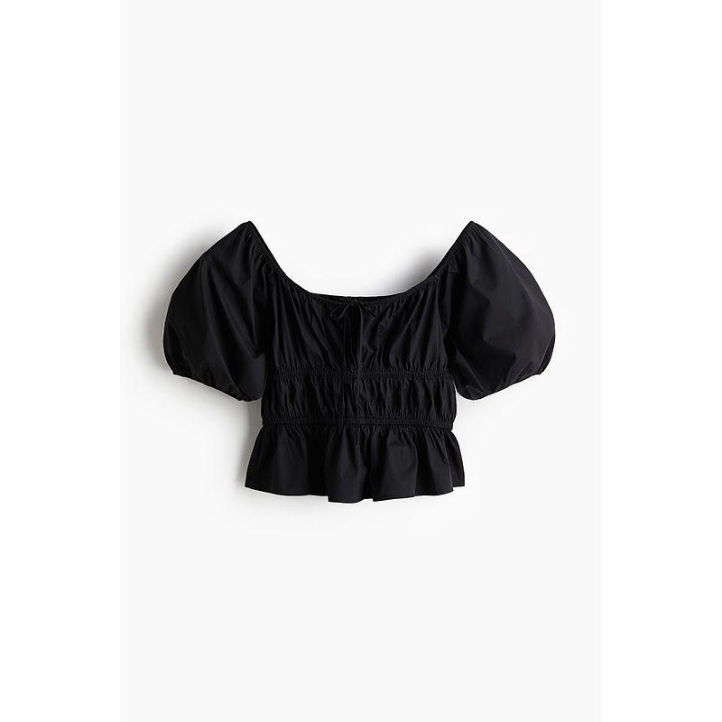 

HM 2025 Лето Новая Женская одежда Мода Повседневный Повседневный Топ из поплина с рукавами-буфами 1282175 Black 155/80