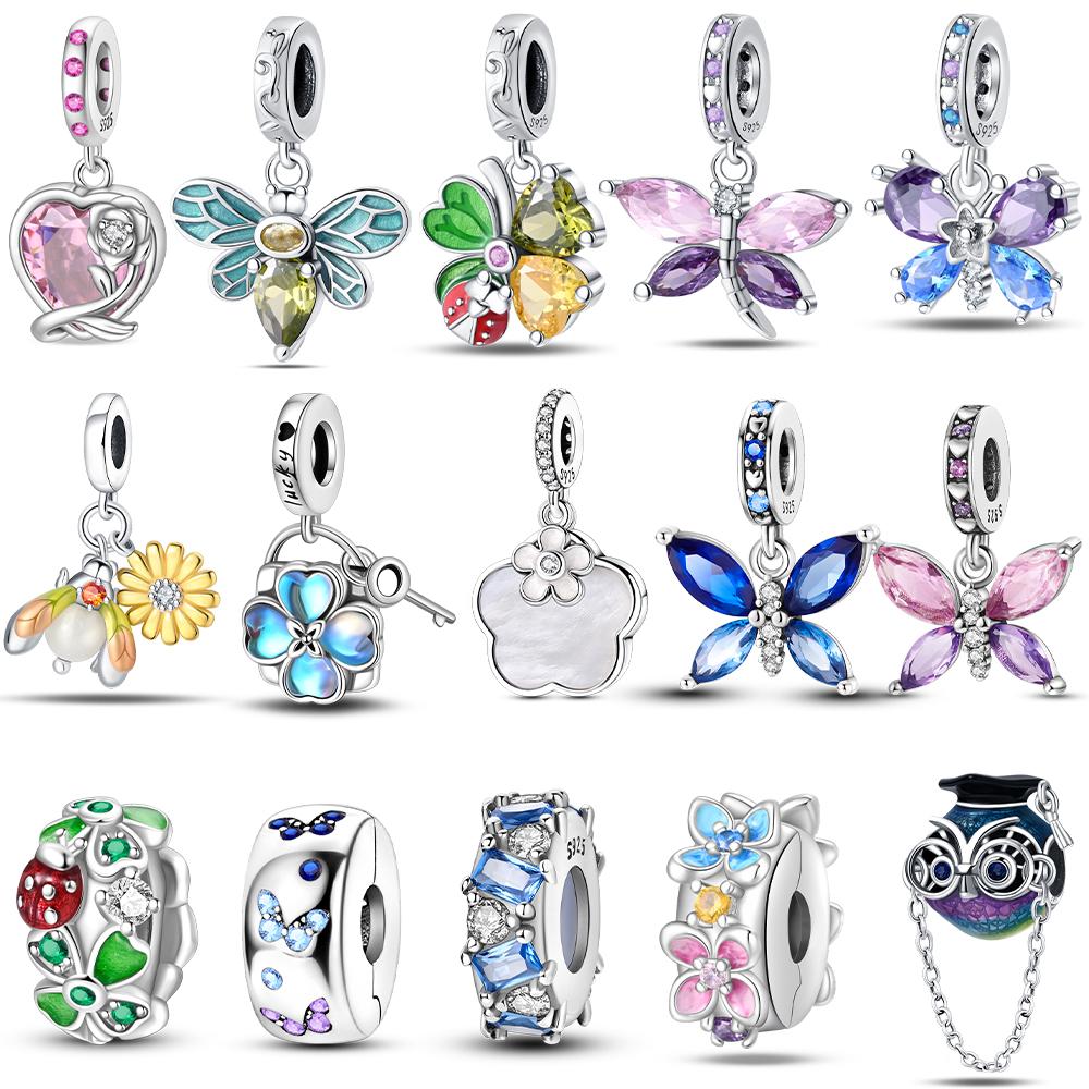 Springtime Copper Gem Butterfly Dragonfly Flowers Charms Pendant Fit Pandach Original Bracelets Diy Little Fresh Jewelry