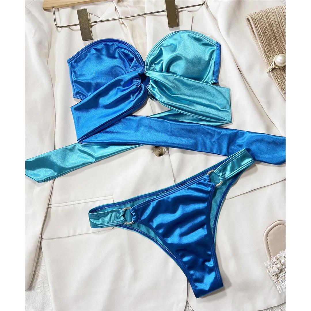 

Новый сексуальный бандо без бретелек, бикини, женский купальник, женский купальник, комплект из двух частей, купальный костюм, купальный костюм, купальный костюм S синий