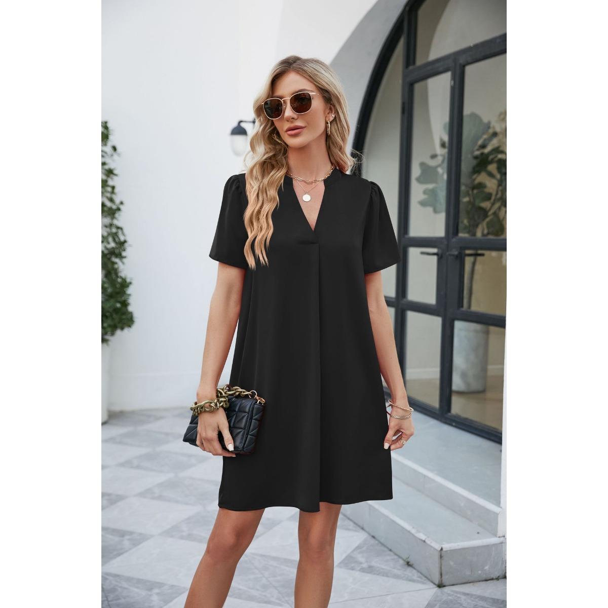 Summer Satin V Neck Dress, Loose Casual Sexy Office Party Dress for Women, European and American Style S чёрный