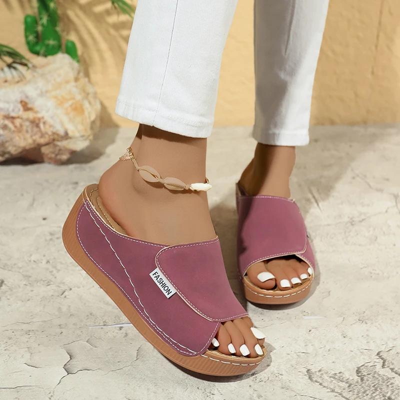 Fashion Summer Soft Platform Slippers Women 2025 Fashion Peep Toe Wedges Flip Flops Woman Light Med Heel Non-Slip Beach Shoes Slides