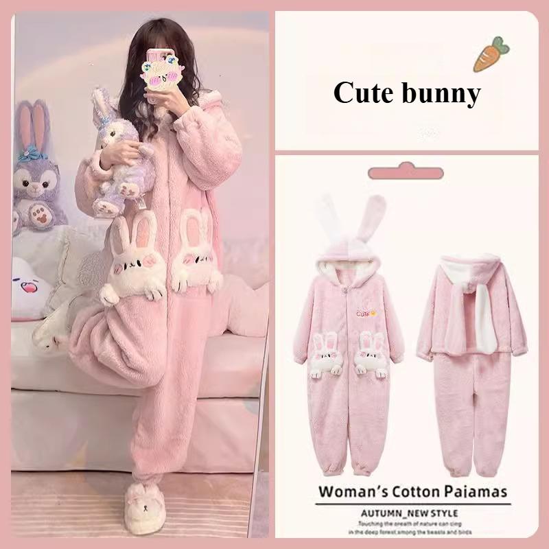 Winter Soft Girl Rabbit Pajamas Thickened Coral Fleece Cute One-piece Pajamas Girl Cartoon Ins Loungewear Nightgown