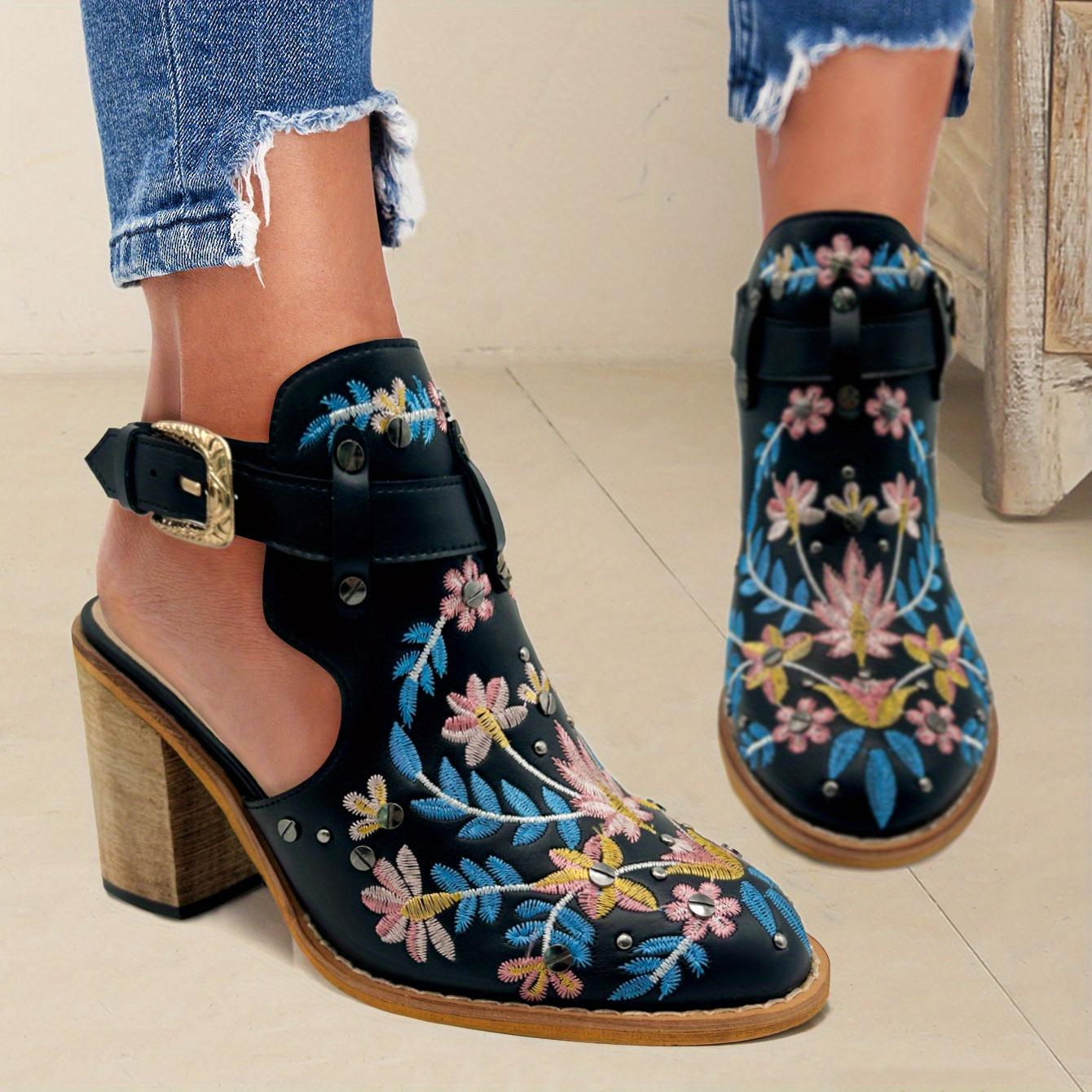 

[Vintage Ankle Boots] 2025 New Chunky Heel Ankle Boots | Women s Pointed Toe Floral Vintage Style with Comfortable Open Back Strap 40 чорний