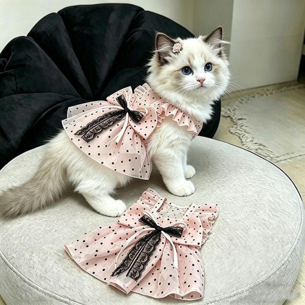 Thin Polka Dot Cat Dress Soft Fabric Pet Tutu Skirt Dogs Polka Dot Lace Dress For Small Dogs Cats