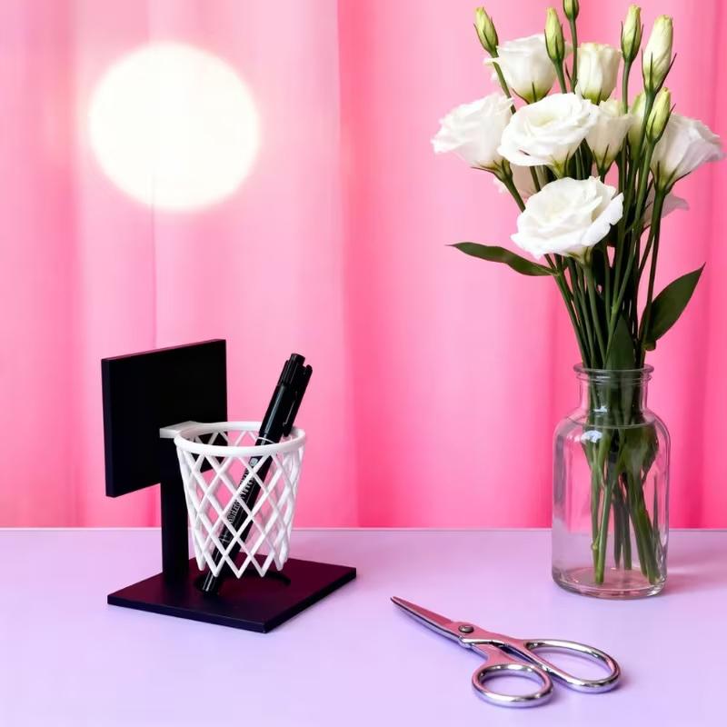 Creative Basketball Hoop Pen Holder Desktop Organizer With Base Space-Saving Decorative Accessory Home, School, Office Decor