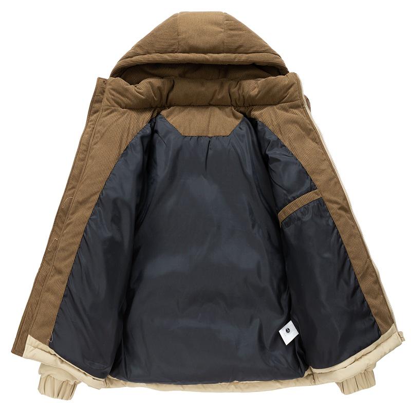 Men's Winter Color Block Hooded Jacket – Windproof Cotton Padded Coat with Plus Velvet Lining