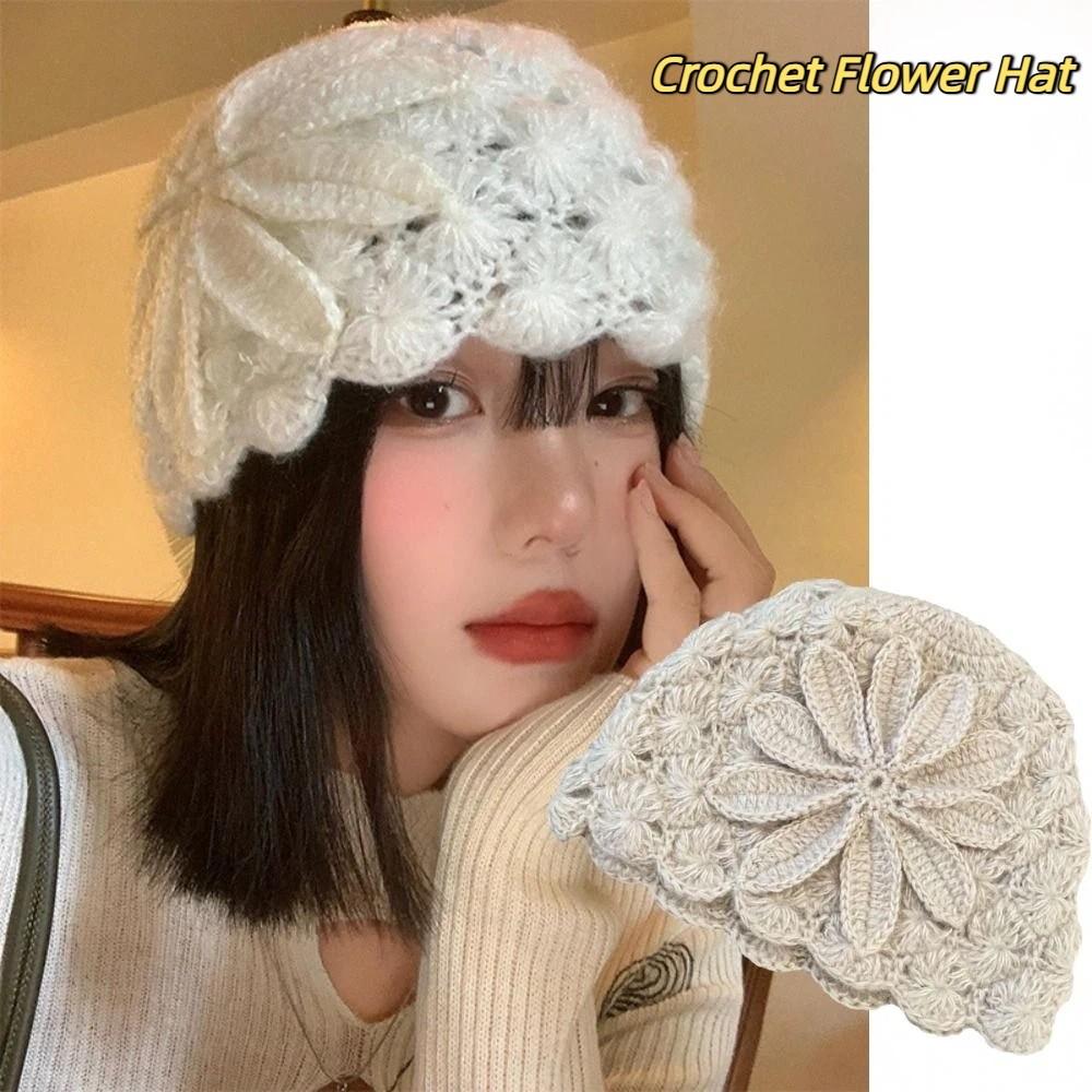 Thin Crochet Flower Hat Bohemian Style Weave Cap Retro Hollow Out Knitted Hat  Outdoor