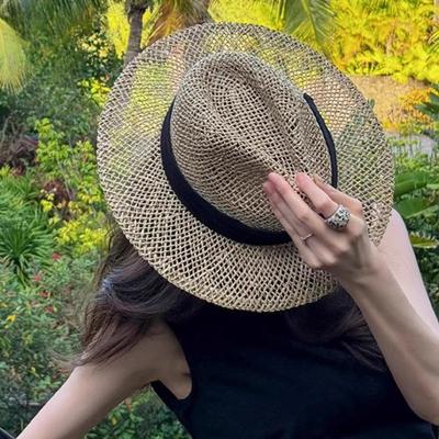 Hollow Panama Hat French Webbing Holiday Jazz Hat Knitted Topper Beach Photo Ambience Sun Hat