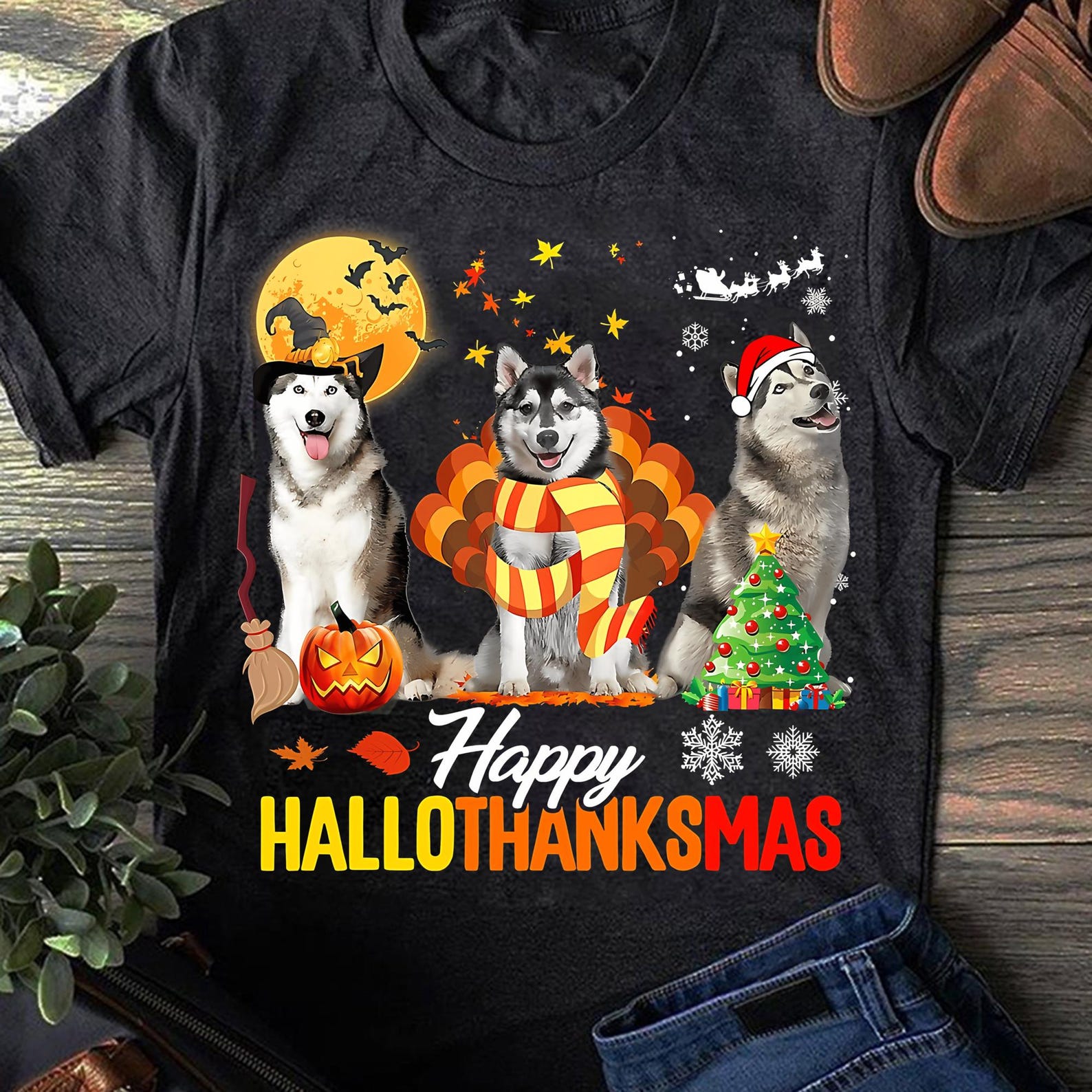 Husky Dog Happy Hallothanksmas Halloween Thanksgiving Xmas Husky T-Shirt - Gift for Dog Lovers - Funny Dog - Husky Lovers - Mother s Day L