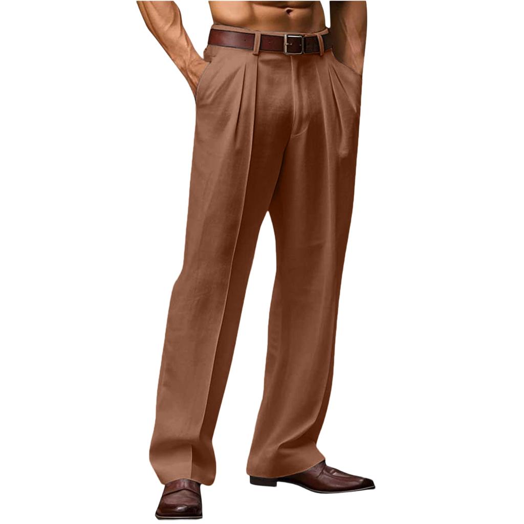 Men Classic Fit Pleated Front Trousers with Belt Loops and Side Pockets for Business or Casual Wear