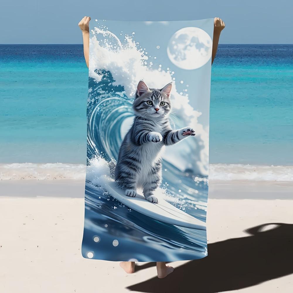 Funny Surfing Cat Microfiber Beach Towel 1 Piece Set 2D Flat Printed Sandproof Waterproof Holiday Sea Surf Sunbed Lounger Towel