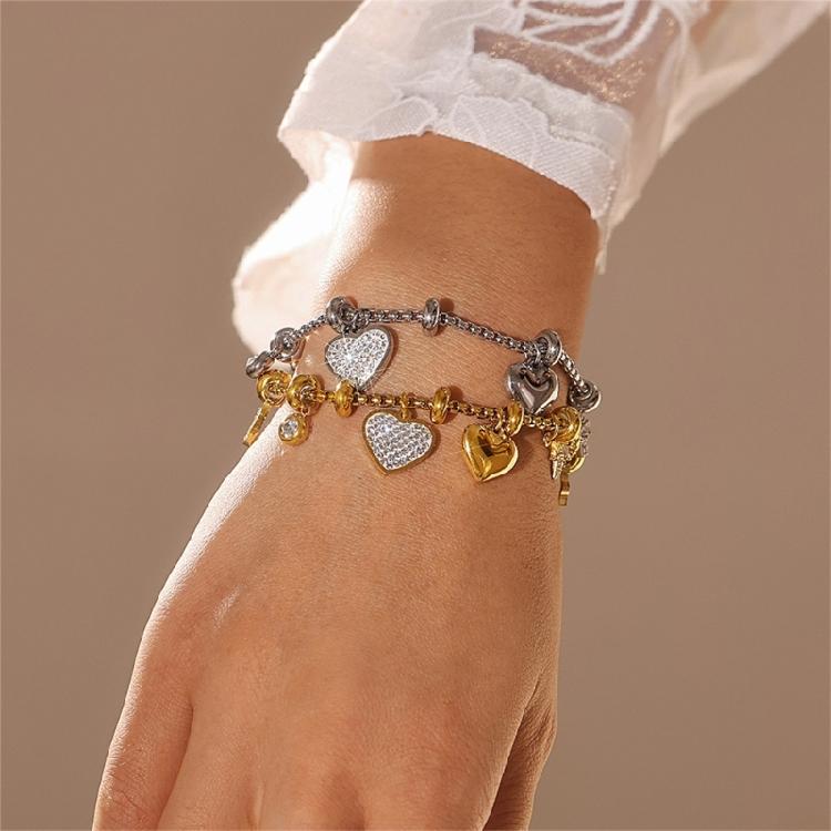 Women's Heart Charm Bracelet In 18k Gold Plated Sturdy Stainless Steel Adorned with Stylish Zircon Materials Use