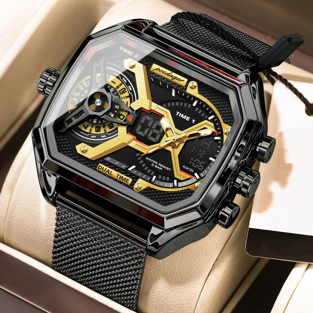 POEDAGAR Luxury Men's Quartz Watches Stainless Steel Mesh LED Waterproof Date Week Man Watch Fashion Sports Electronic Men Clock