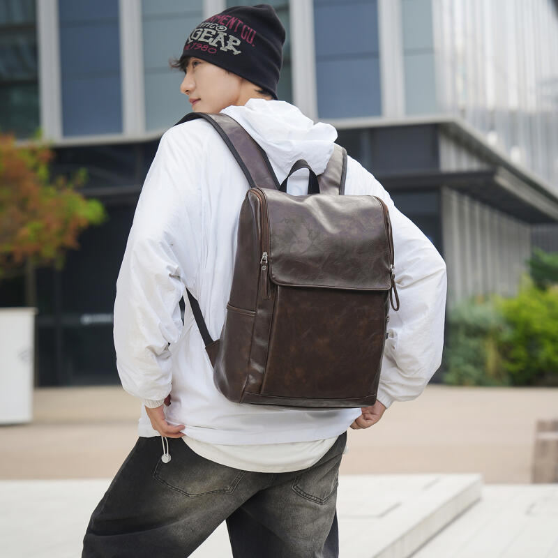 Solid Color PU Backpack Men's Large Capacity Backpack Student Sports Travel Computer Bag