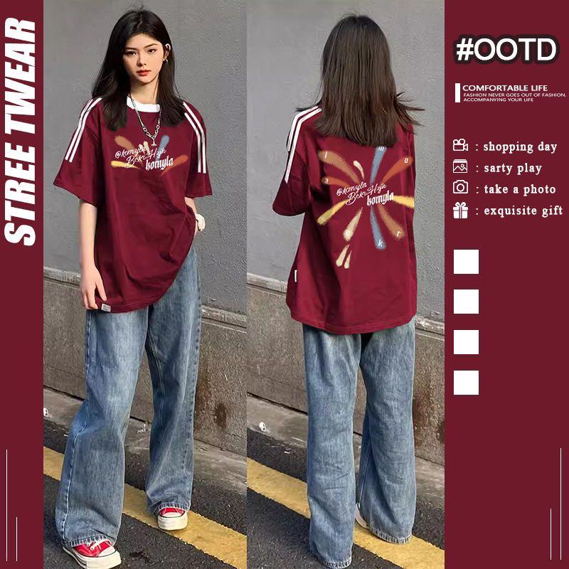 Fashion Oversize Street Retro Preppy Style Pure Cotton Three Bars Short Sleeve Tops Couple Niche Style Fashionable To Wear