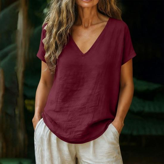 Women Tops V-Neck Short Sleeve Loose Fit Tee Tops Pure Color Casual Summer Blouse