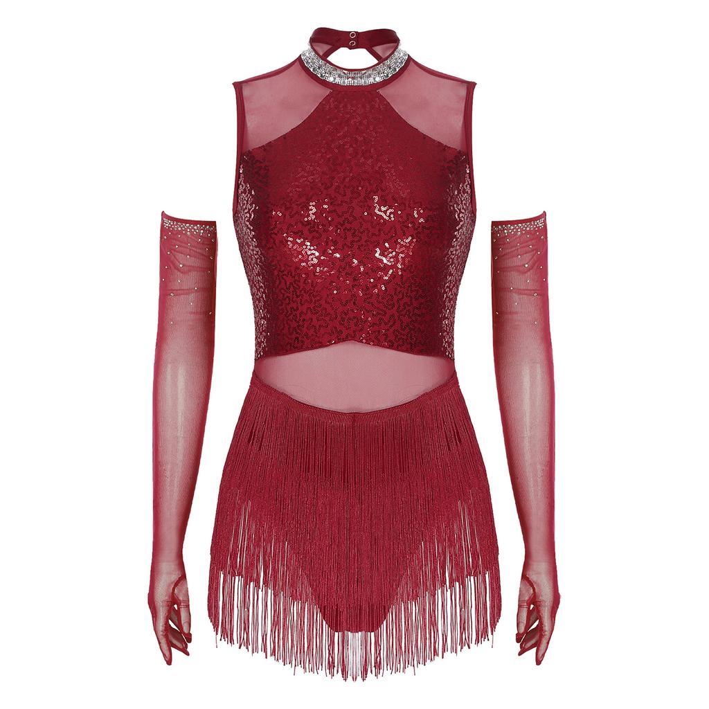 Damen Latin Tanz Kostüm Funkelnder Strassstein Kragen Netz Patchwork Fransen Pailletten Performance Kleid