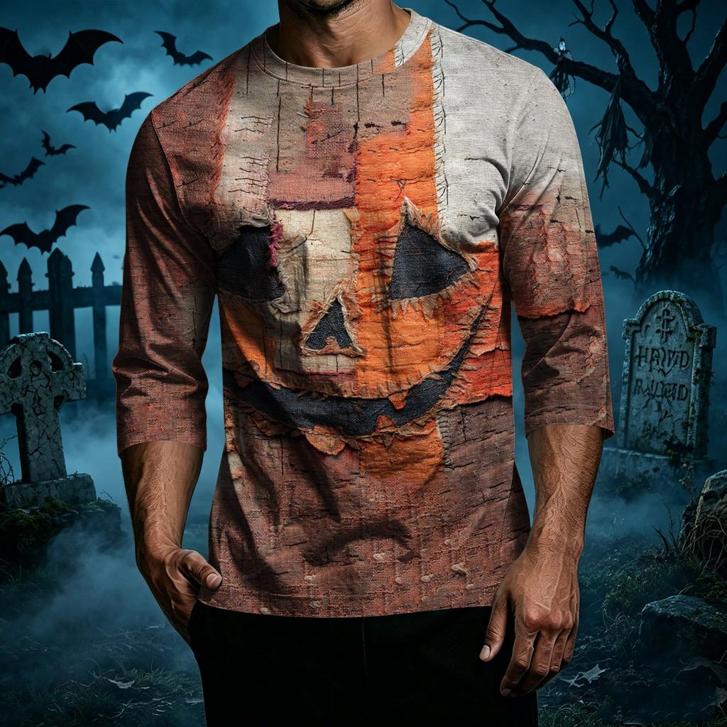 Men's Casual Halloween Print Patchwork Crew Neck T Shirt Three Quarter Sleeve Top Comfortable Fit Lightweight Fabric