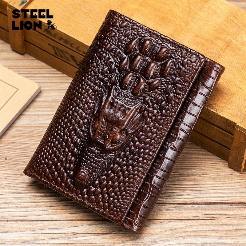 LAOSHIZI Vintage Men's Genuine Leather Crocodile-Embossed Wallet RFID Blocking Multi-Card Slots Photo Insert
