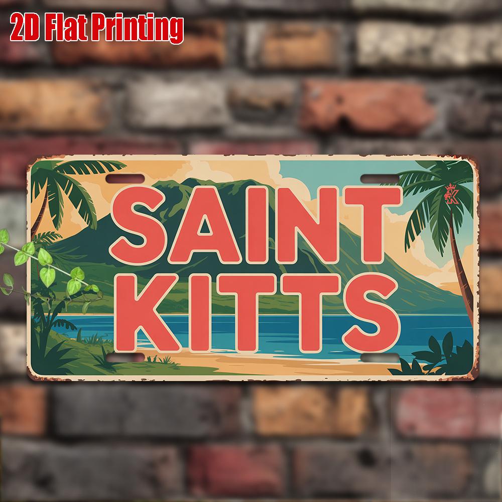 D-Dur pc Vintage Saint Kitts Dekoschild Tropische Karibik Wanddekor mit Palmen Strandmotiv Robuster Metall
