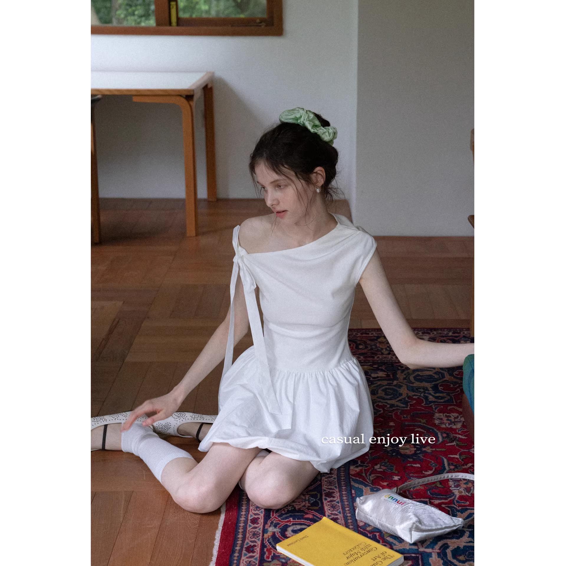 White One-Shoulder Lace-Up Ruffle Dress: Summer Sleeveless Elegant A-Line Skirt Large