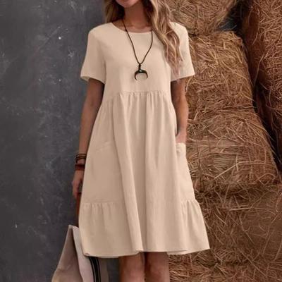Retro Cotton Linen Loose Pocket Solid Color Round Neck Short Sleeve Women's Dress